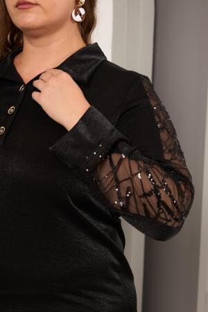 Büyük Beden Pul Payet Detay Saten Bluz Siyah - 4