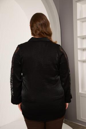 Büyük Beden Pul Payet Detay Saten Bluz Siyah - 7