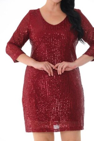 Büyük Beden Pul Payet Kısa Bordo Abiye Elbise KL3069 - 3