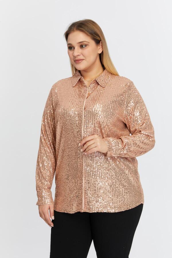 Büyük Beden Pul Payetli Gömlek Bronz - 2