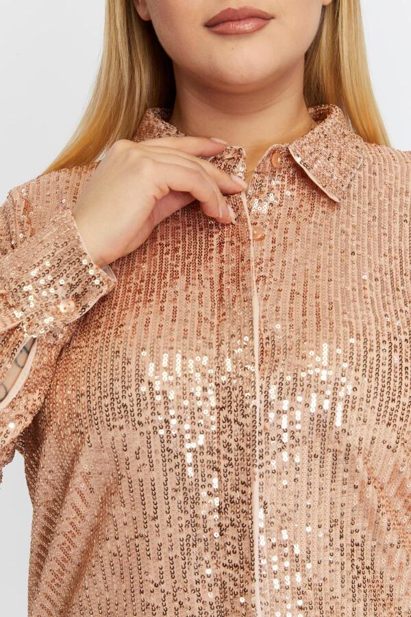 Büyük Beden Pul Payetli Gömlek Bronz - 7