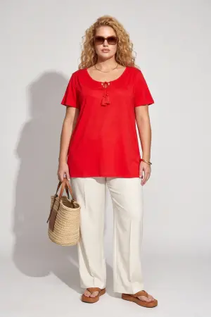 Büyük Beden Püskül Detaylı Yuvarlak Yaka Rahat Kesim Bluz - 4