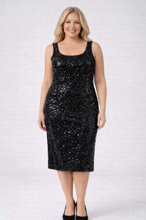 Büyük Beden Rahat Kalıp Payetli Midi Abiye Elbise Likralı Davet Elbisesi (40–62) ND4027 - Angelino Butik