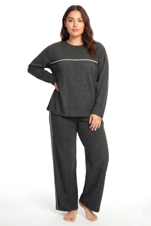 Angelino Büyük Beden Şerit Detaylı Kalın Uzun Kollu Kadın Pijama Takımı Antrasit - Angelino