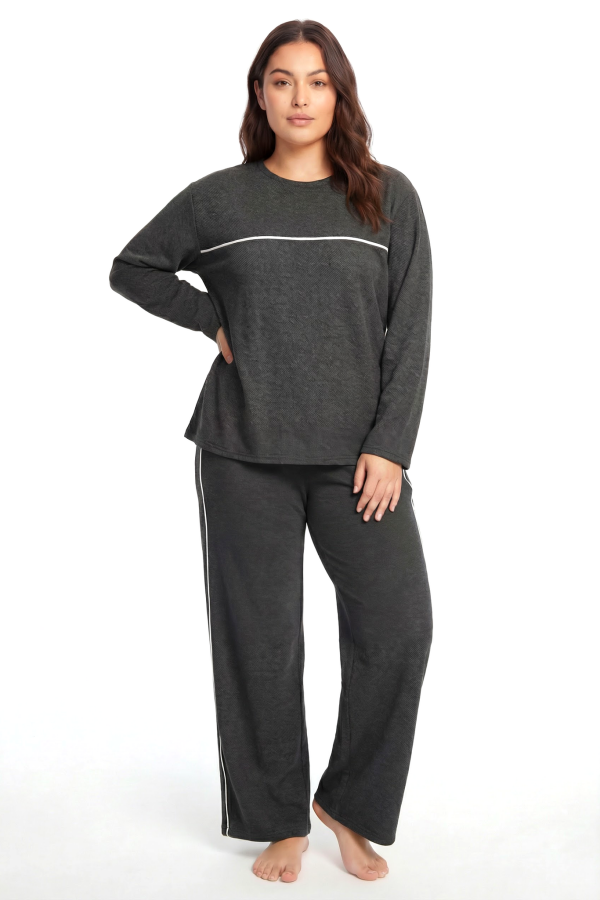Angelino Büyük Beden Şerit Detaylı Kalın Uzun Kollu Kadın Pijama Takımı Antrasit - 1