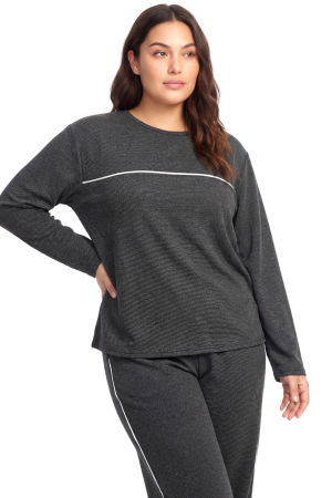 Angelino Büyük Beden Şerit Detaylı Kalın Uzun Kollu Kadın Pijama Takımı Antrasit - Angelino (1)