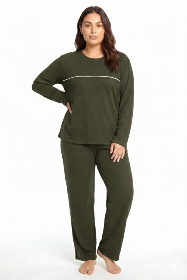 Angelino Büyük Beden Şerit Detaylı Kalın Uzun Kollu Kadın Pijama Takımı Haki - 1