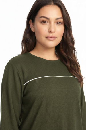 Angelino Büyük Beden Şerit Detaylı Kalın Uzun Kollu Kadın Pijama Takımı Haki - Angelino (1)