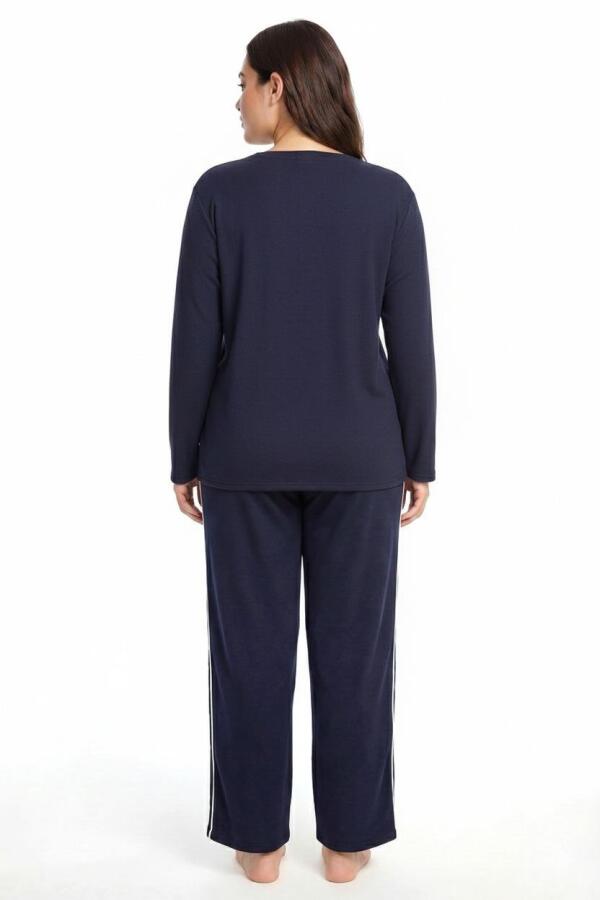 Angelino Büyük Beden Şerit Detaylı Kalın Uzun Kollu Kadın Pijama Takımı Lacivert - 2