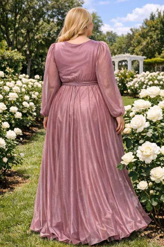 Büyük Beden Simli Uzun Kollu Abiye Elbise Pudra KL3047 - 2