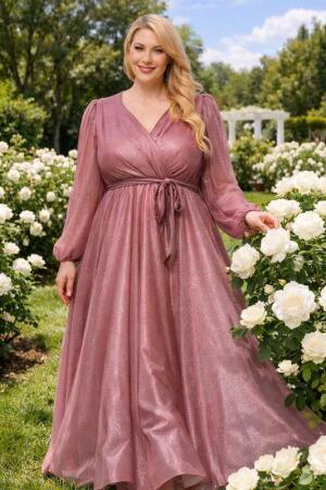 Büyük Beden Simli Uzun Kollu Abiye Elbise Pudra KL3047 - Angelino Butik