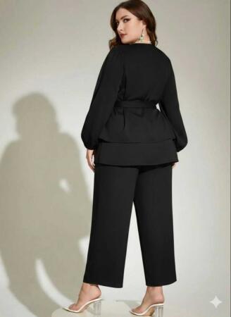 Büyük Beden Siyah Kuşaklı Bluz Pantolon Takım 62 Bedene Kadar Rahat Kesim Pantolonlu Kombin ND4033 - Angelino Butik (1)