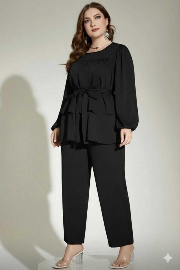 Büyük Beden Siyah Kuşaklı Bluz Pantolon Takım 62 Bedene Kadar Rahat Kesim Pantolonlu Kombin ND4033 - 1