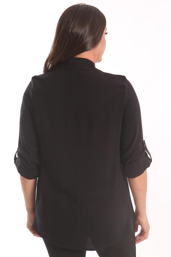 Angelino Büyük Beden Siyah Taş Baskılı Dokuma Gömlek - 5