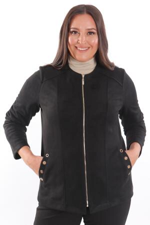 Büyük Beden Süet Önü Robalı Cebi Kuş Gözü Çakımlı Siyah Ceket - Angelino Moda