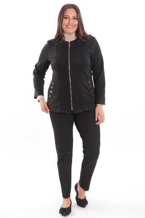 Büyük Beden Süet Önü Robalı Cebi Kuş Gözü Çakımlı Siyah Ceket - Angelino Moda (1)