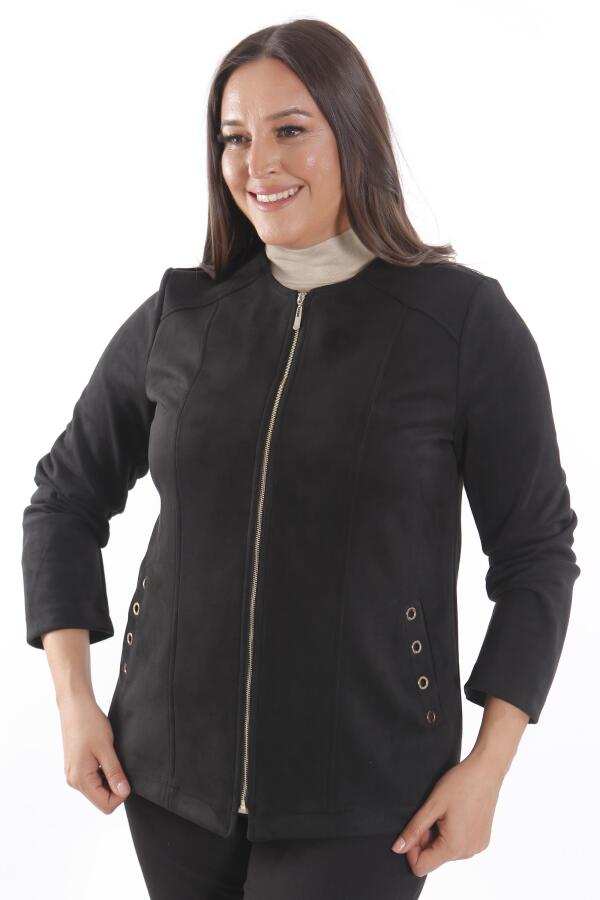 Büyük Beden Süet Önü Robalı Cebi Kuş Gözü Çakımlı Siyah Ceket - 3