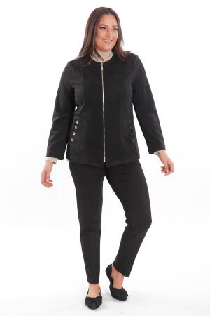 Büyük Beden Süet Önü Robalı Cebi Kuş Gözü Çakımlı Siyah Ceket - 4