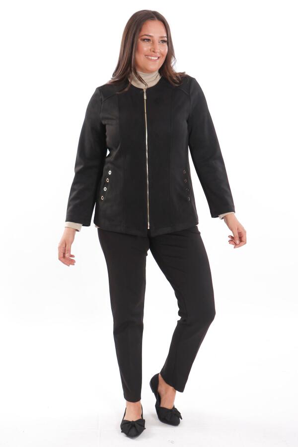 Büyük Beden Süet Önü Robalı Cebi Kuş Gözü Çakımlı Siyah Ceket - 4