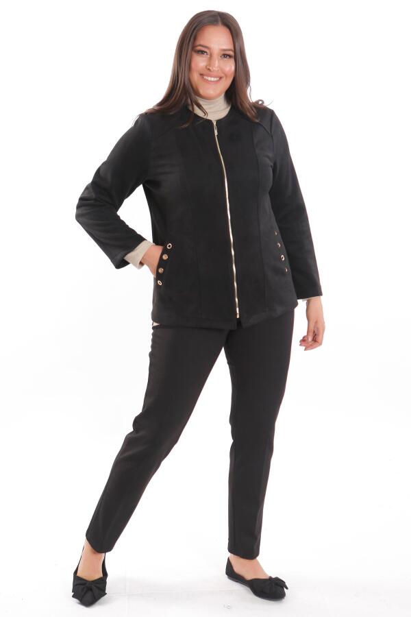 Büyük Beden Süet Önü Robalı Cebi Kuş Gözü Çakımlı Siyah Ceket - 5