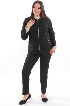 Büyük Beden Süet Önü Robalı Cebi Kuş Gözü Çakımlı Siyah Ceket - 6