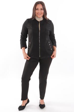 Büyük Beden Süet Önü Robalı Cebi Kuş Gözü Çakımlı Siyah Ceket - 7