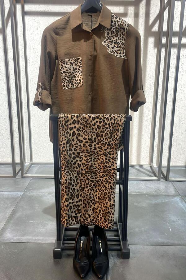 Trend42plus Büyük Beden Süs Cep Detaylı Leopar Nakışlı Kahverengi Gömlek - 1