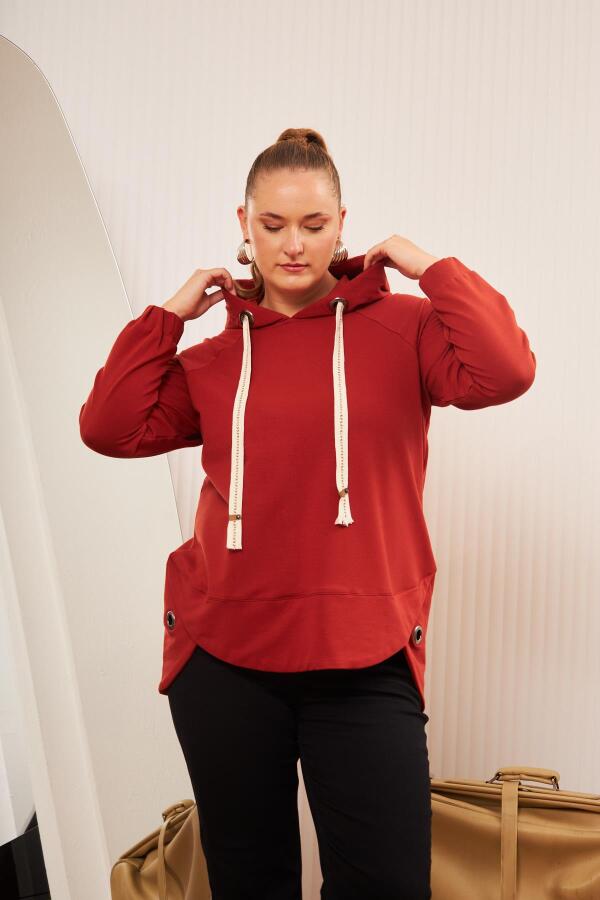 Büyük Beden Süslemeli Bağcıklı Kordon Sweatshirt Kiremit - 1