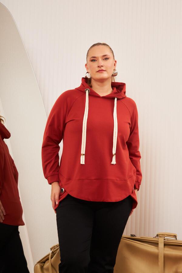 Büyük Beden Süslemeli Bağcıklı Kordon Sweatshirt Kiremit - 2