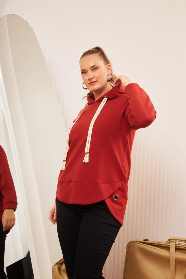 Büyük Beden Süslemeli Bağcıklı Kordon Sweatshirt Kiremit - 3