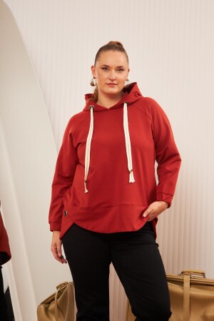Büyük Beden Süslemeli Bağcıklı Kordon Sweatshirt Kiremit - 4