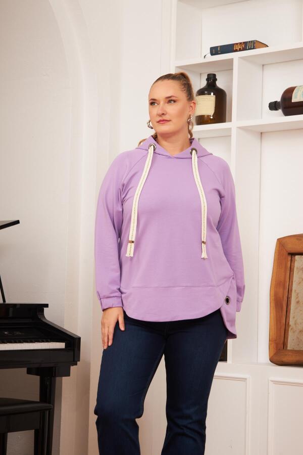 Büyük Beden Süslemeli Bağcıklı Kordon Sweatshirt Lila - 2
