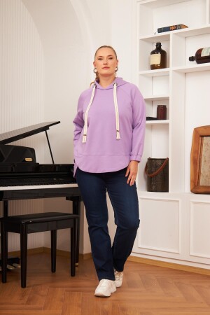 Büyük Beden Süslemeli Bağcıklı Kordon Sweatshirt Lila - 5