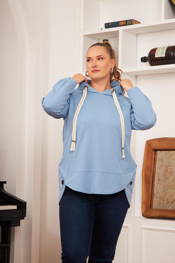 Büyük Beden Süslemeli Bağcıklı Kordon Sweatshirt Mavi - 1