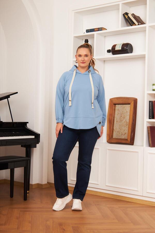 Büyük Beden Süslemeli Bağcıklı Kordon Sweatshirt Mavi - 5