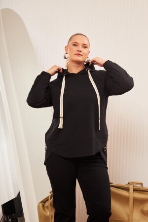 Büyük Beden Süslemeli Bağcıklı Kordon Sweatshirt Siyah - 1