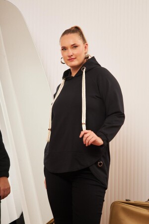 Büyük Beden Süslemeli Bağcıklı Kordon Sweatshirt Siyah - 2