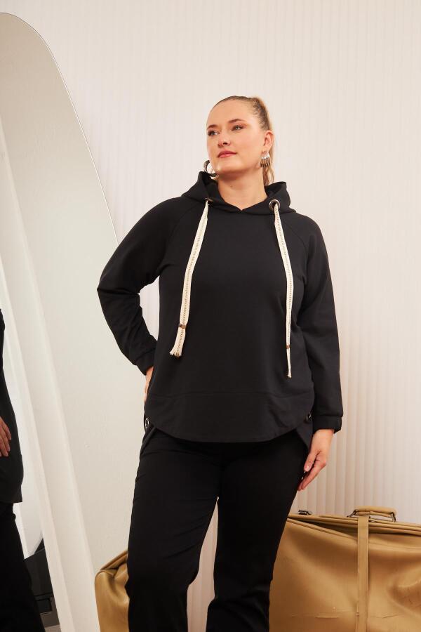 Büyük Beden Süslemeli Bağcıklı Kordon Sweatshirt Siyah - 3