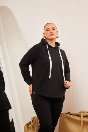 Büyük Beden Süslemeli Bağcıklı Kordon Sweatshirt Siyah - 4