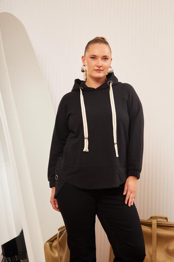 Büyük Beden Süslemeli Bağcıklı Kordon Sweatshirt Siyah - 5