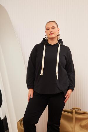 Büyük Beden Süslemeli Bağcıklı Kordon Sweatshirt Siyah - 6