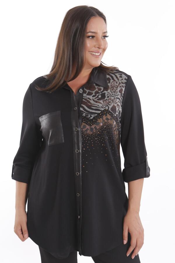 Büyük Beden Taş Baskılı Deri Cep Detaylı Örme Siyah Gömlek - 3