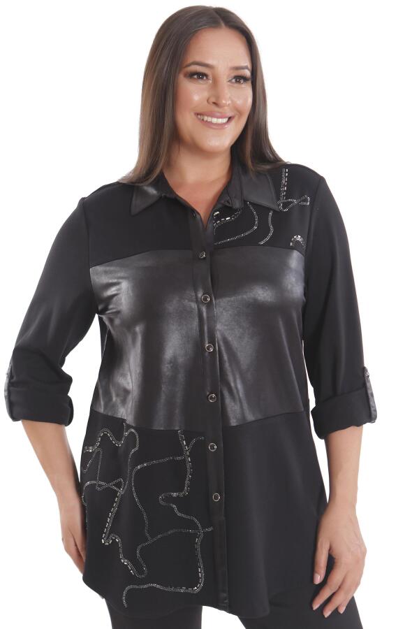 Büyük Beden Taş Baskılı Deri Garnili Siyah Gömlek - 1
