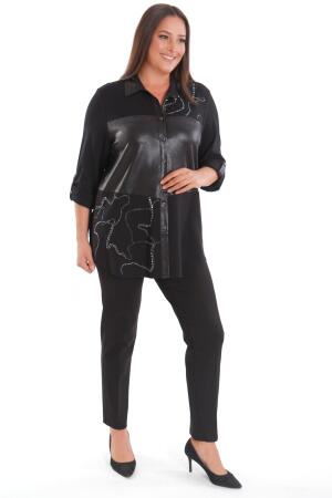 Büyük Beden Taş Baskılı Deri Garnili Siyah Gömlek - Angelino Moda (1)