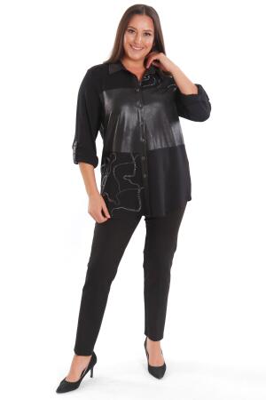 Büyük Beden Taş Baskılı Deri Garnili Siyah Gömlek - 4