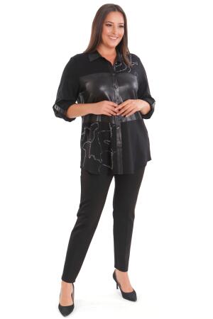 Büyük Beden Taş Baskılı Deri Garnili Siyah Gömlek - 6