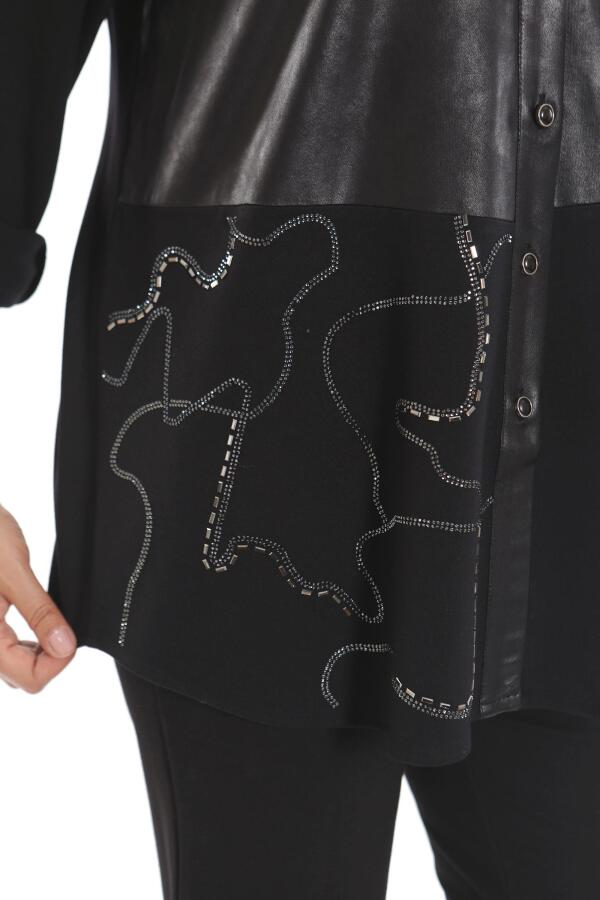 Büyük Beden Taş Baskılı Deri Garnili Siyah Gömlek - 7