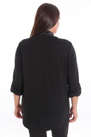 Büyük Beden Taş Baskılı Deri Garnili Siyah Gömlek - 8