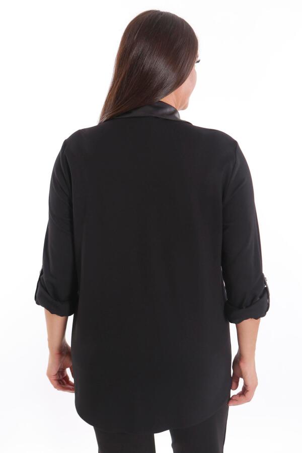 Büyük Beden Taş Baskılı Deri Garnili Siyah Gömlek - 8