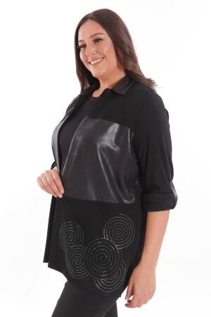 Büyük Beden Taş Baskılı Derili Garnili Siyah İkili Takım - Angelino Moda